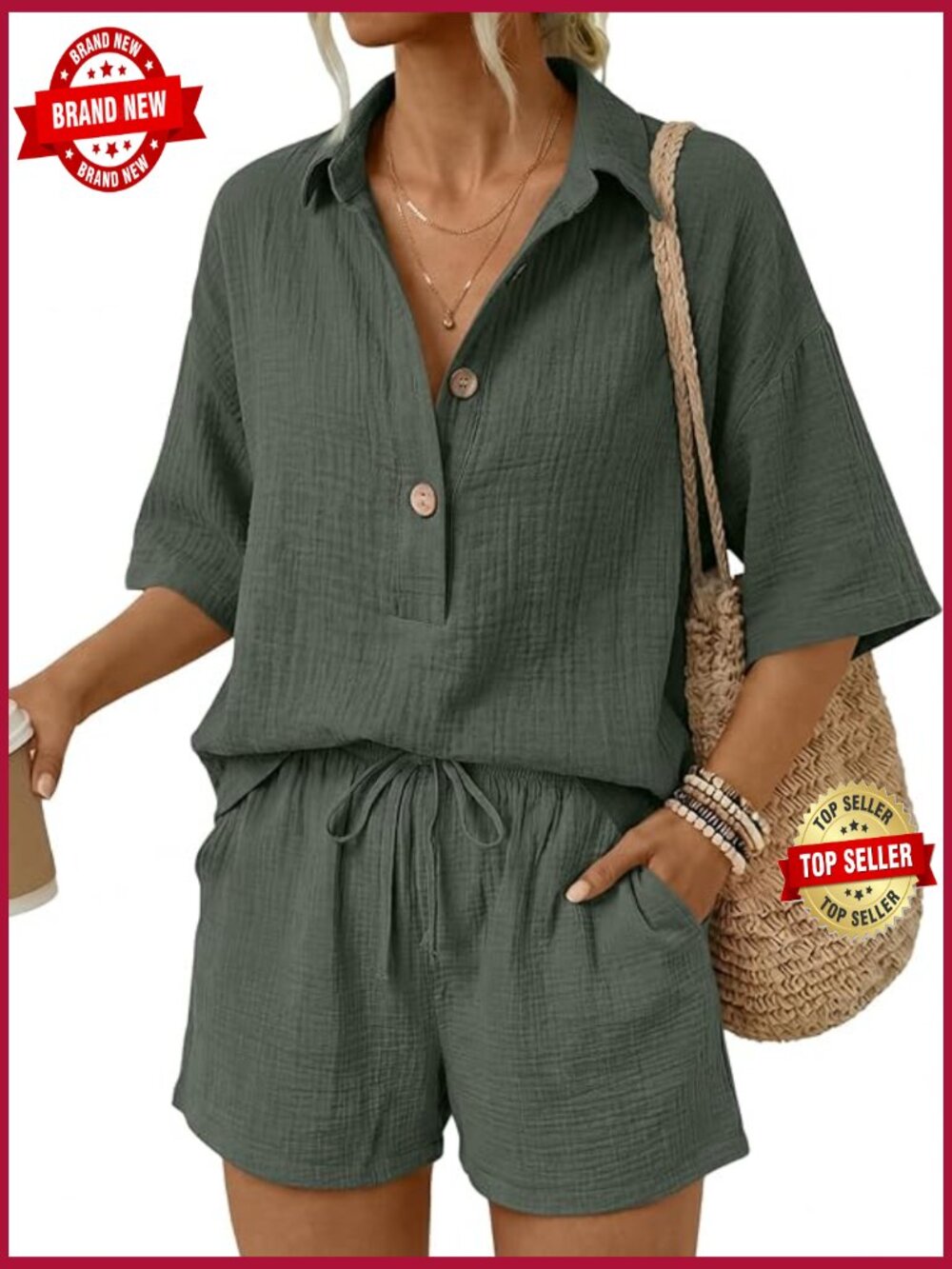 Women's 2 Piece Linen Short Set V Neck Button Down Oversized Summer Outfit